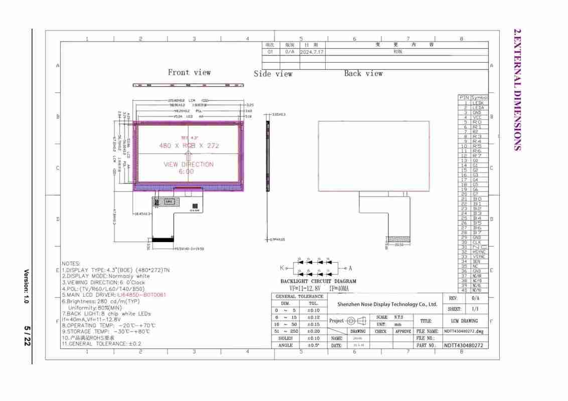 ND043TSN480272-A01 mechanical drawing