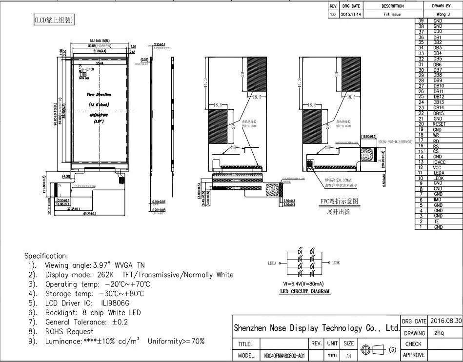 ND040TFN480800-A01 mechanical drawing