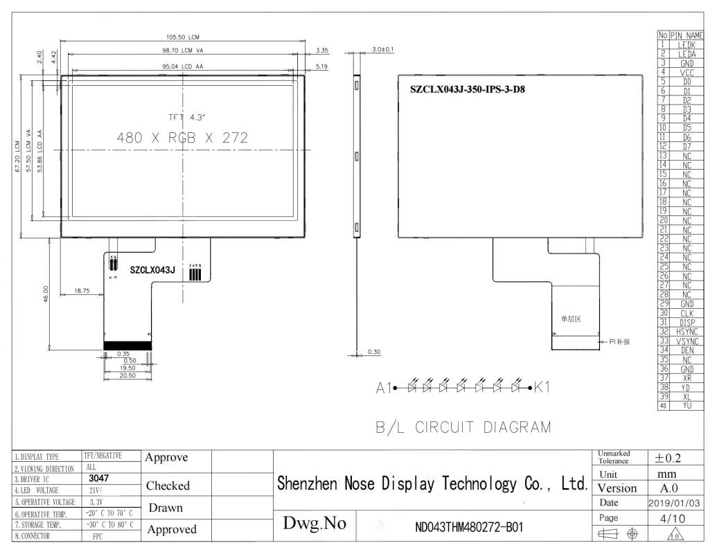 ND043TSN480272-C01 mechanical drawing